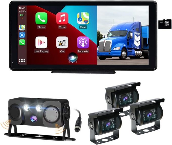 4K RV&Semi-Truck Wireless Backup Camera System 4CH Dash Cam DVR Recording with 10.36″ CarPlay&Android Auto 4-Split Screen GPS AHD IP69 Waterproof Night Vision for RV Truck Trailer Camper Van