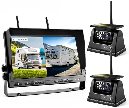 10″ Magnetic Solar Wireless Backup Camera, HD 1080P 10″ DVR Monitor, Dual RV Cameras Wireless System for Hitch Towing Travel RV Camper Trailer, 9600mAh Rechargeable Battery, Type-C Charging