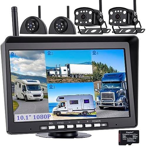 10.1″ Wireless Backup Camera System, 1080P DVR Recording Monitor, IP68 Waterproof Night Vision Rear Side Cameras for Truck/Trailer/Camper, 32GB SD Card Included