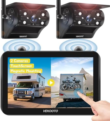VEKOOTO Wireless RV Backup Camera System with 7” IPS Touchscreen, Magnetic Mount, Solar Charging, Auto Sleep Mode, No Wiring, 1080P Wireless Backup Camera for Trucks, RV, Trailer, Camper VK7-2