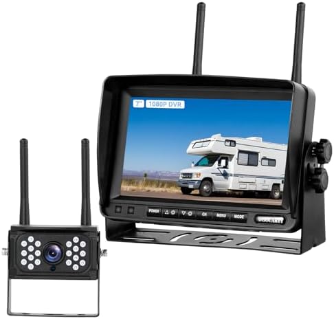 7 Inch Wireless RV Backup Camera System for Truck/Trailer/Camper/Bus, 1080P Dual/Quad Split Screen with 32GB SD Card, IP68 Waterproof Digital Wireless System, W7