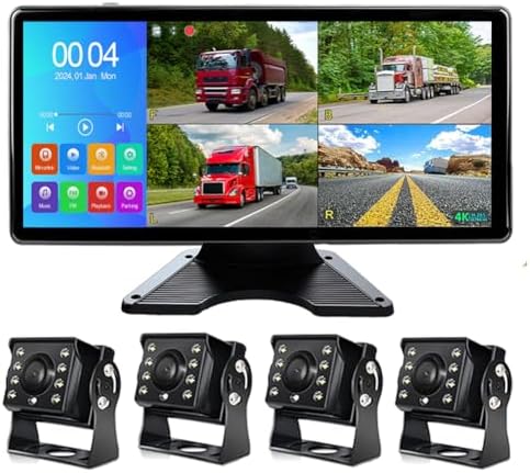 4K RV Backup Camera 10.36″ Touch Screen Monitor for Truck/Van/Trailer DVR Recording with Bluetooth FM MP5 IP69 Waterproof 1080P IR Night Vision Rear Side View Camera