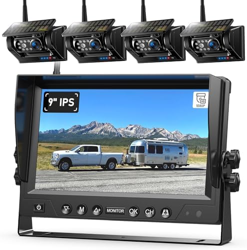 4 Magnetic Solar Wireless Backup Camera HD1080P 9″ Loop Recording Monitor, Quad RV Rearview Backup Cameras Wireless System for Trailer RV Trucks, Built-in 9600mAh Solar Battery, BL904