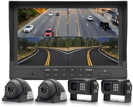 EVERSECU Car Backup Cameras System with 9” Quad Split Monitor for RV Trailer Semi Truck Camper Bus & 4 AHD 1080P Rear&Side View Cameras with DVR Record Function Night Vision IP69 Waterproof