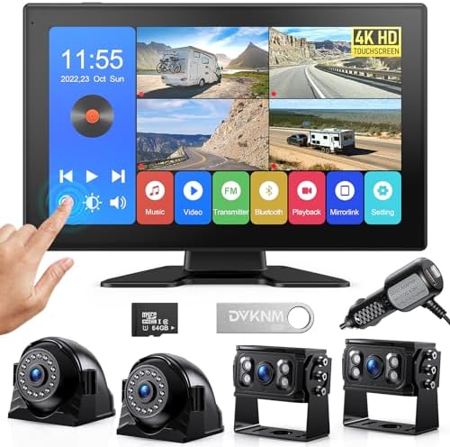 4K RV Backup Camera System 10.1″ Quad Split Touchscreen Monitor 4 1080P HD Rear Side View Cameras DVR Recording Bluetooth Music USB Video Play IP69 Waterproof Night Vision for RV Truck Trailer