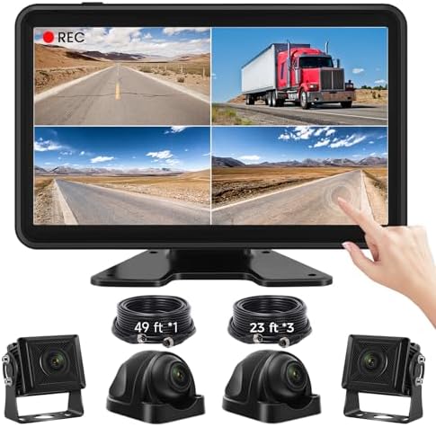 Wired Backup Camera System with 10.1″ Touch Monitor, 4 HD 1080P Rear View& Side View Cameras, 4 Split Screen, Night Vision, IP68 Waterproof Back up Camera for Truck/RV/Trailer/Bus/Tractor..