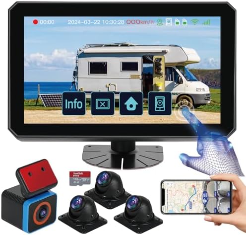 6CH AI WiFi GPS Sentry Mode RV Backup Camera System 10.1″ Touch Screen Monitor with 4 1080P Rear Side View Camera,Mobile DVR Recording Live View on APP/Web/PC for Truck Trailer Tractor Fleet