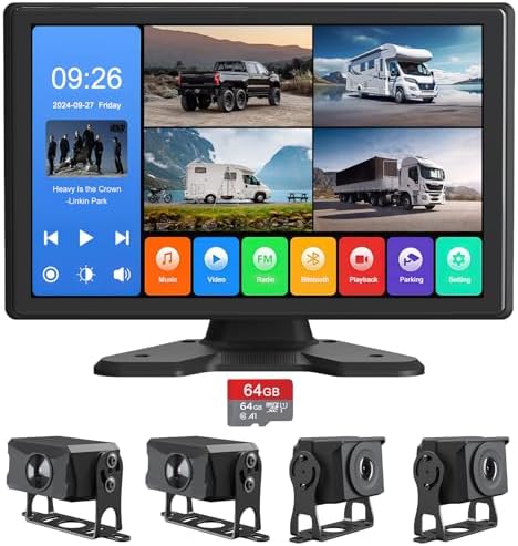 4 Channel Backup Camera System,Touchable 10.26 inch Monitor with DVR Stereo,64GB Card,IP69 Waterproof, Nightvision 1080P Backup Camera for RV/Truck/Trailer/Pickup,Rear Side Front reversing caemra