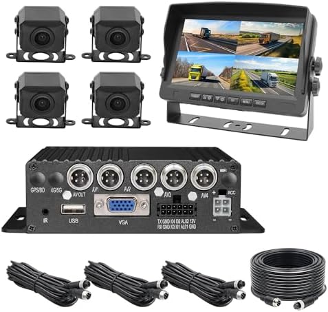 4-CH RV Backup Wired Camera System with with 4x1080P Front&Rear&Side View Camera,7″ VGA Monitor,IR Night Vision/IP69K Waterproof,DVR Video Recorder Kit for Truck,Trailer
