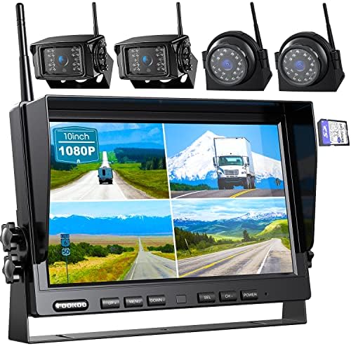 Fookoo HD 10″ Wireless Backup Camera System, 1080P 10-inch Quad Split Monitor w/Recording, Waterproof Side & Rear View Cameras, 4 Channel, Digital Signal, Parking Lines for RV/Truck/Trailer