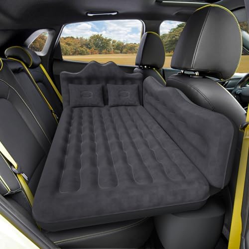 Back Seat Car Air Mattress: Inflatable SUV Car Camping Bed for Truck Van, Thickened Double-Sided Flocking Travel Car Sleeping Pad with Car Air Pump 2 Pillows