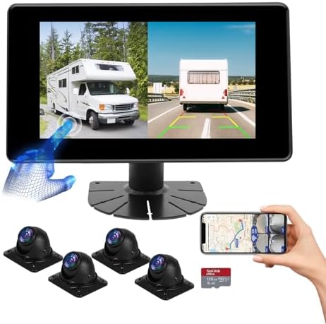 RV Backup Camera System AI WiFi GPS 7 inch Touch Screen Monitor Vehicle Recording with 4 Pieces 1080P Rear Side View Waterproof Camera Live View on APP/Web/PC for Camper RV Truck Trailer Tractor Fleet