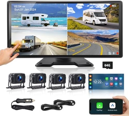4 Channel Backup Camera with Carplay,10.36 “IPS DVR Recording Back Up Camera System for RV/Truck/Trailer/Semi Truck,Support Airplay/Super Link,IP69K Waterproof, 24H Parking Monitoring