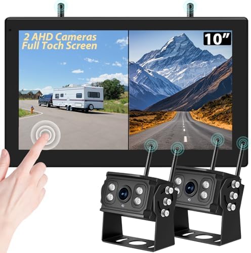 10” RV Backup Camera Wireless, 2 HD 1080P IP69 Waterproof Cameras with Full Touch Screen IPS 4 Channels Monitor Cameras System, IR Night Vision Reverse Camera for RV Truck Trailer Camper Tractor