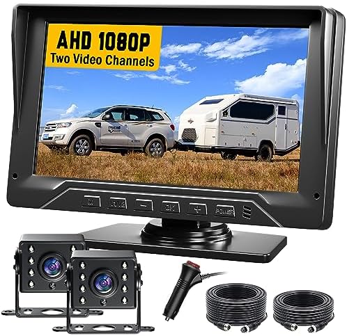 FEISIKE Dual RV Backup Camera, 7 Inch HD 1080P Wired Backup Camera 2 Channel System IR Night Vision Rear View Camera, DIY Guide Lines 150° Wide Angle Backup Camera for Truck