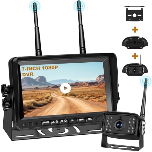 7” Backup Camera Wireless for RV Truck Trailer, HD Monitor & 1080P Motorhome Back up Camera System, Blind Spot Detection, DVR Loop Recording, IR Night Vision,IP68 Waterproof..
