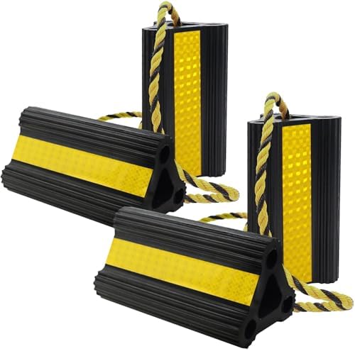 Wheel Chocks for RV Trailer Camper Trucks and Aircraft, Versatile Heavy Duty Rubber Wheel Chocks Block with 3 Reflective Strips, Tire Wheel Immobilizers & Chocks, [2pair/4pack with Rope]RV Accessories
