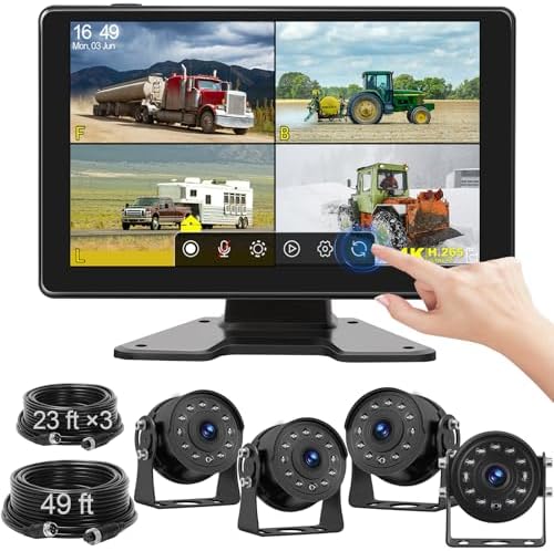 9” RV Backup Camera Wired System, 4 1080P IP68 Waterproof Near View Camera with Full Touch IPS Quad Split Screen Monitor 64GB SD Card IR Night Vision Reverse Camera for Truck, Trailer, RV