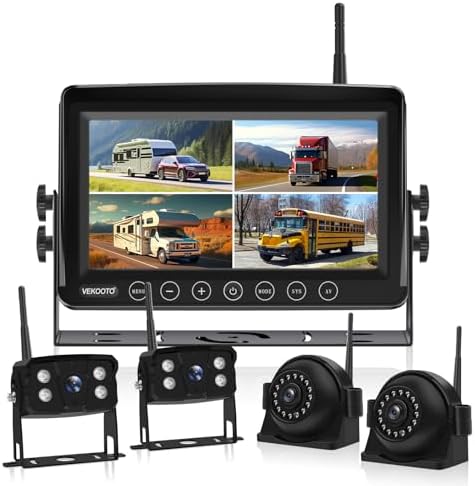 4K Wireless Backup Camera System: 9” HD Quad Split Monitor, 1080P Side Rear View Camera, Recording, Waterproof, Digital Signal, RV Camera System for RV/Truck/Trailer/Camper VEKOOTO WX9