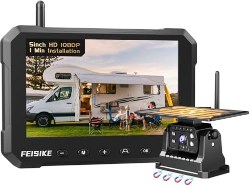 Magnetic Solar Wireless Backup Camera for Truck, 5 Inch No-Drill Installation RV Backup Camera, 1080P Rear View Camera 150° Wide Angle, 24hrs Battery Life, 2.4Hz Signal, Night Vision, RVs, Trailers