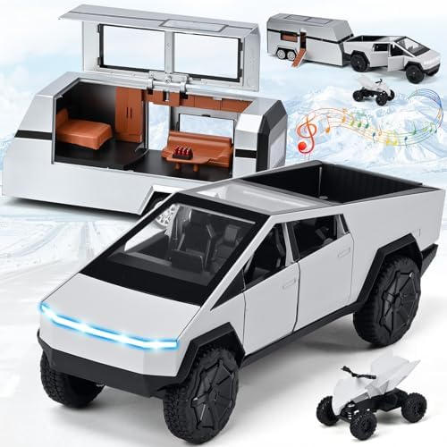 INGQU® 1/24 Cybertruck Toy, Alloy Diecast Truck Toy with RV Motorcycle, 3-in-1 Pickup Trail Pull-Back Model Kit with Sound and Light, for Kids Boys Girls, Silver