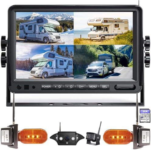 Wireless 10-Inch 4 Split 128GB Large Audio Screen 1080P Backup Camera Monitor & Built-in DVR Video Recorder Compatible with Pre-Wired RV Truck Trailer Class A B C Motorhome Camper System D4