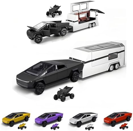 Cyber Trucks Toy Truck with RV Motorcycle for Boys Girls Women Adult Diecast Metal Tesla Cybertruck Model Pickup Truck 1/32 Toy Race Car with Sound and Light Gift Age for 6,7,8 Year Up (Black)
