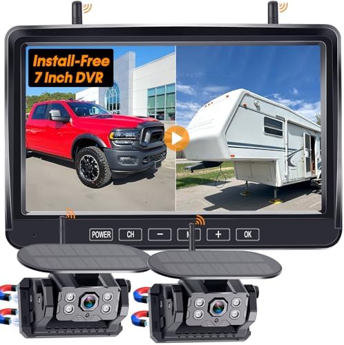 Dual Wireless Backup Camera for RV Install-Free – Magnetic, 1080P HD Recording, Easy Setup, Solar Rear View, Night Vision, Wide Angle for Trailers WZBB