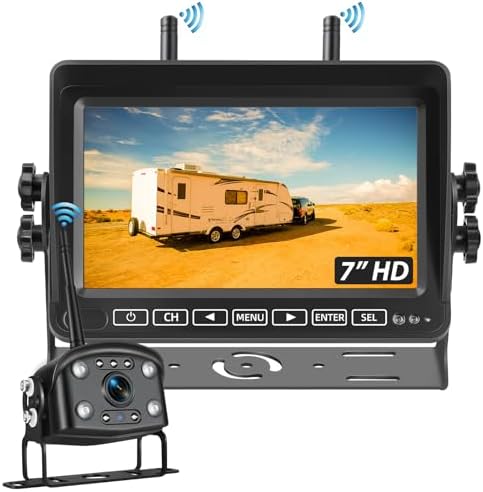 RV Wireless Backup Camera with 7-in 1080P Monitor, RV Camera System for Trailer Truck, IP68 Waterproof Rearview Camera with Smart BSD, 150° Wide View, Loop Recording, 4 Channel, Split Scree Monitor