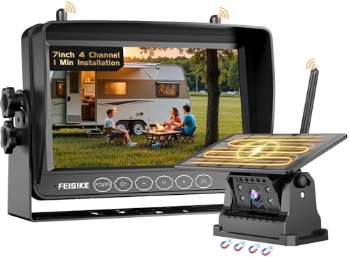 Magnetic Solar Wireless Backup Camera, 1 Min Install RV Backup Camera, 7IN 1080P HD Recording Rear View Camera, 4 Channels, Dual-Antenna, IR Night Vision, 150° Wide Angle Back up Camera for Truck