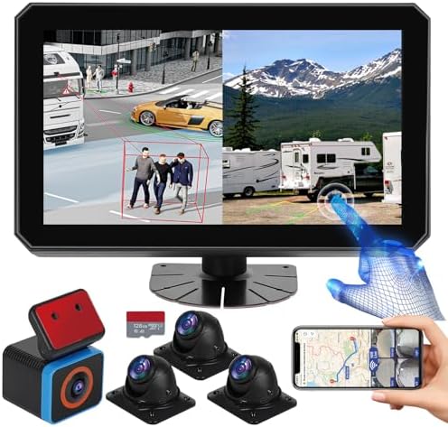 6CH RV Camera System 4G WiFi Live View GPS Tracking 10.1″ AI Touch Screen Monitor with 4 Pieces 1080P Waterproof Night Vision Front Side Backup Camera Sentry Mode Blind Spot Pedestrian Detection
