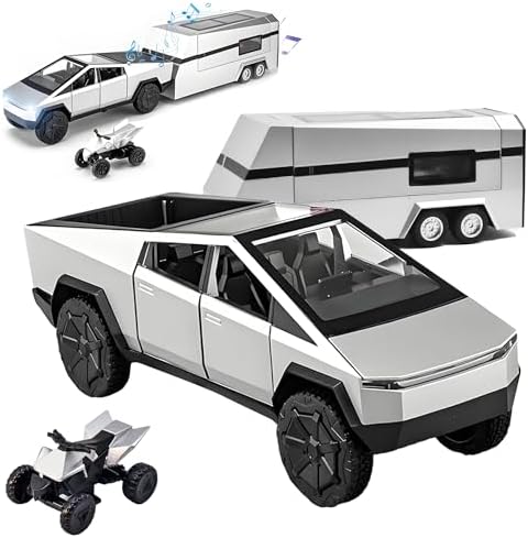Cybertruck Toy – Cyber Truck Toy with RV, Motorcycle and Cybertquad, 1/32 Alloy Diecast Cyber Truck Toy with Light and Sound, Suitable for Kids Aged 6 and Up – Silver