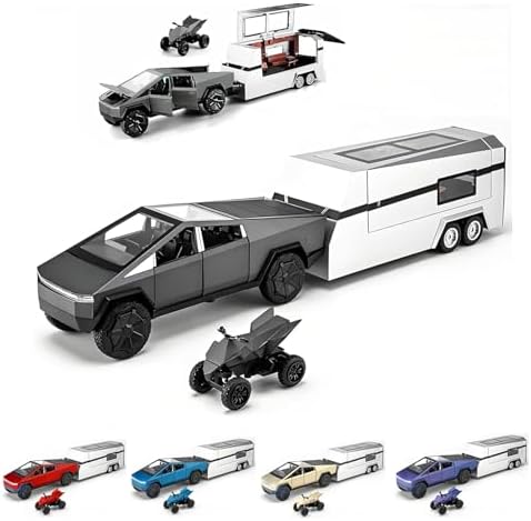 Cyber Truck Toy Alloy Die-cast Truck Model with RV Motorcycle ATV Race Car Model 1/32 Metal Vehicle 3-in-1 Camping Car Set Ideal Gift for Kids Age for 6 Year Old and Up
