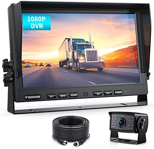Fookoo Ⅱ 10″ 1080P Wired Backup Camera System,10-inch HD Dual Split Screen Monitor with Recording IP69 Waterproof Rear View Camera Parking Lines Supports Up to 2 Cameras for Truck/Trailer/RV(DY101)