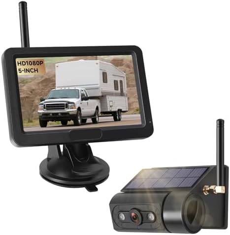 Magnetic Solar Wireless Backup Camera with 5” HD Monitor No Wiring Rechargeable Battery IP68 IR Night Vision Rearview Camera System for Car RV Truck 5th Wheels Skid Steer Horse Trailer Boat Trailer..