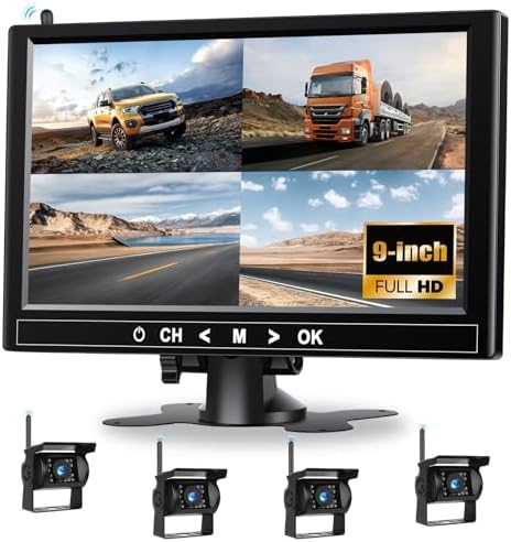 1080P Wireless RV Backup Camera System,9 Inch Reverse Camera Monitor for 4 Channels with IP69 Waterproof Night Vision Backup Camera Front Rear View Camera for Truck/RV/Van/SUV/Pickup