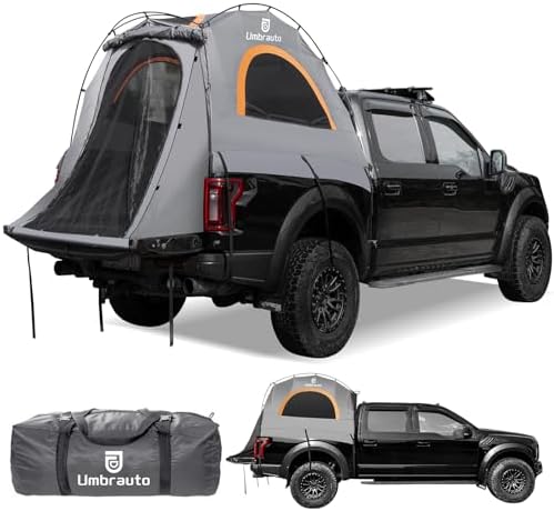 Umbrauto Truck Bed Tent: 5.5-5.8ft Truck Tent Easy Setup for Camping, 3000mm Waterproof Pickup Truck Tent for 2 Person, Ford, GMC, Toyota, Chevy, Dodge, Nissan, Honda Grey & Orange