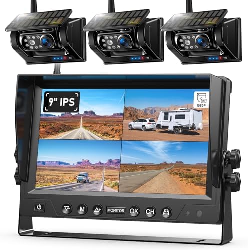 3 Magnetic Solar Wireless Backup Camera System, Quad RV Rearview Backup Cameras Wireless System with HD1080P 9 Inch DVR Monitor for Trailer RV Trucks, Built-in 9600mAh Solar Battery, BL903