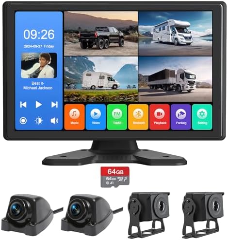4 Channel Backup Camera System,Touchable 10.26 inch Monitor with DVR Stereo, 64GB Card, IP69 Waterproof, Nightvision 1080P Backup Camera for RV/Truck/Trailer Pickup,Rear Side Front Reversing