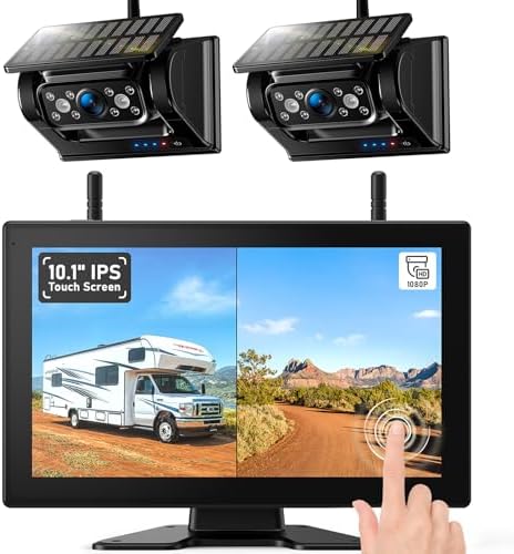 Magnetic Solar Wireless Backup Camera HD 1080P DVR 10.1″ Touchscreen Monitor, Dual RV Backup Cameras Wireless System for RV Trailer Truck Camper, Built-in 9600mAh Solar Battery, BCX1002