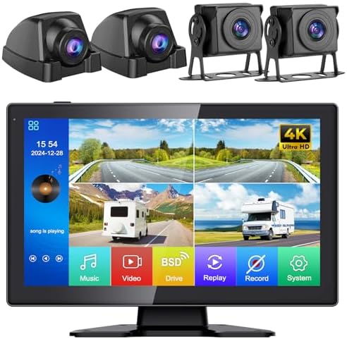 karsugee 4K RV Backup Camera with 10.1″ Quad Split Touchscreen Monitor, HD 1080P Side & Rear View Cameras DVR Recording USB Video Play Waterproof 4 Channel for Trailer RV Truck Camper Bus etc (HD01)