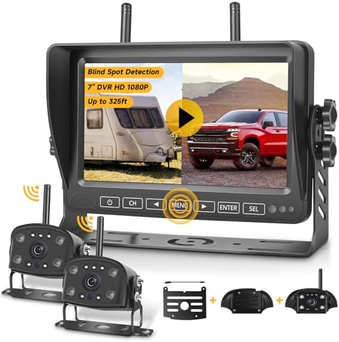 Wireless RV Backup Camera System – 2 HD 1080P Cameras with 7″ Split-Screen Monitor, IP69 Waterproof, Night Vision, 4 Channel, Blind Spot Detection, Easy Install for Trailers Campers Trucks