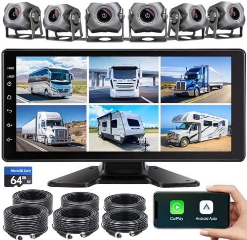 6-Channel 1080P Dash Cam Backup Camera System with 10.33 Inch Touch Screen Parking Monitor, Back Up Camera Car Radio for RV/Truck/Trailer/Van/SUV/Cars,Wireless Carplay/Android Auto/WiFi/Bluetooth/FM