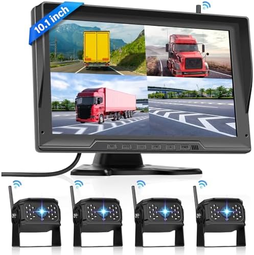 1080P Wireless Backup Camera Digital System Kit, Hodozzy 10.1 Inch HD 4 Quad Split Screen Reversing Monitor with Loop Record, Night Vision/IP68 Waterproof/Rear View Camera RV/Truck/Trailer/Bus/Camper
