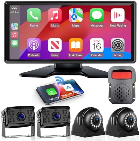 RV Backup Camera with Carplay Android Auto for RV Horse Trailer Semi Box Truck,1080P HD 4 Splits 10.36″ Touch Monitor Rear/Side Backup Cameras with Mirror Link FM Waterproof Night Vision DVR Recording