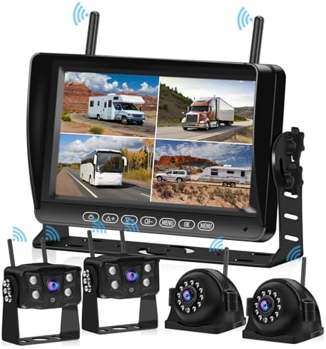 Wireless RV Backup Camera for Trailer, Truck, and Camper – 2.4GHz Digital Rear Side View Cameras with HD 1080P 4 Splits, 7″ DVR Screen, IP69 Waterproof, IR Night Vision, 170° Wide View Angle