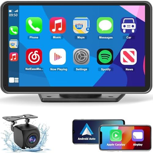 Wireless CarPlay Screen for Car, 7″ HD Portable Stereo Touchscreen with Apple CarPlay & Android Auto, CarPlay Screen with Backup Camera, Mirror Link, Bluetooth, Navigation for All Vehicle
