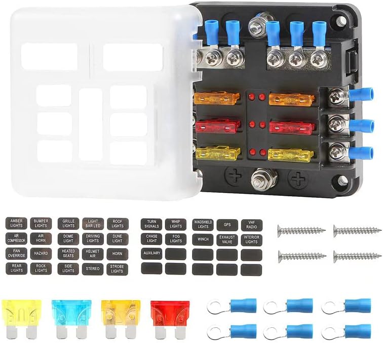 6 Way Fuse Block with Negative Bus Waterproof Fuse Panel for 12-24V Automotive Marine Boat Truck RV Camper Included 12Pcs Fuses