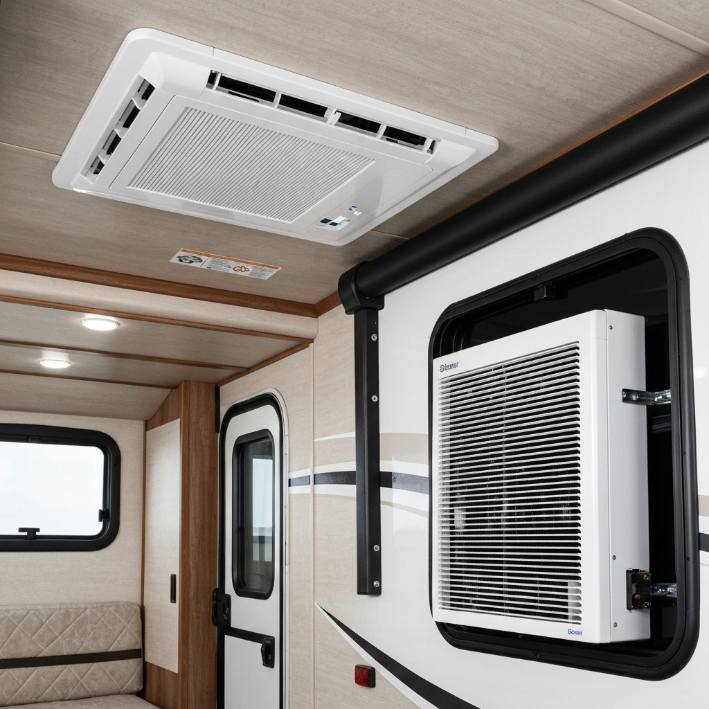 12V mini-split air conditioner mounted inside RV showing compact indoor unit and outdoor condenser