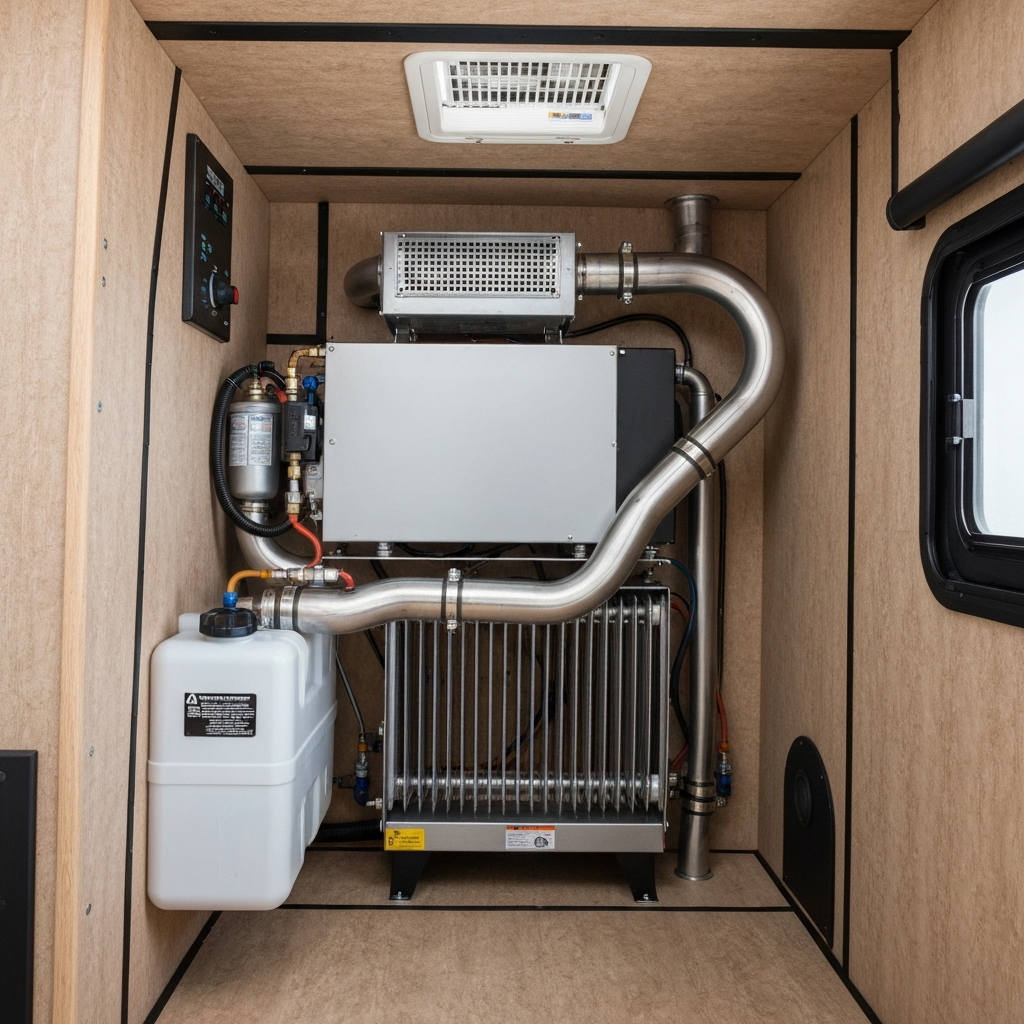 Diesel heater installation in RV showing fuel tank, exhaust routing, and control unit placement